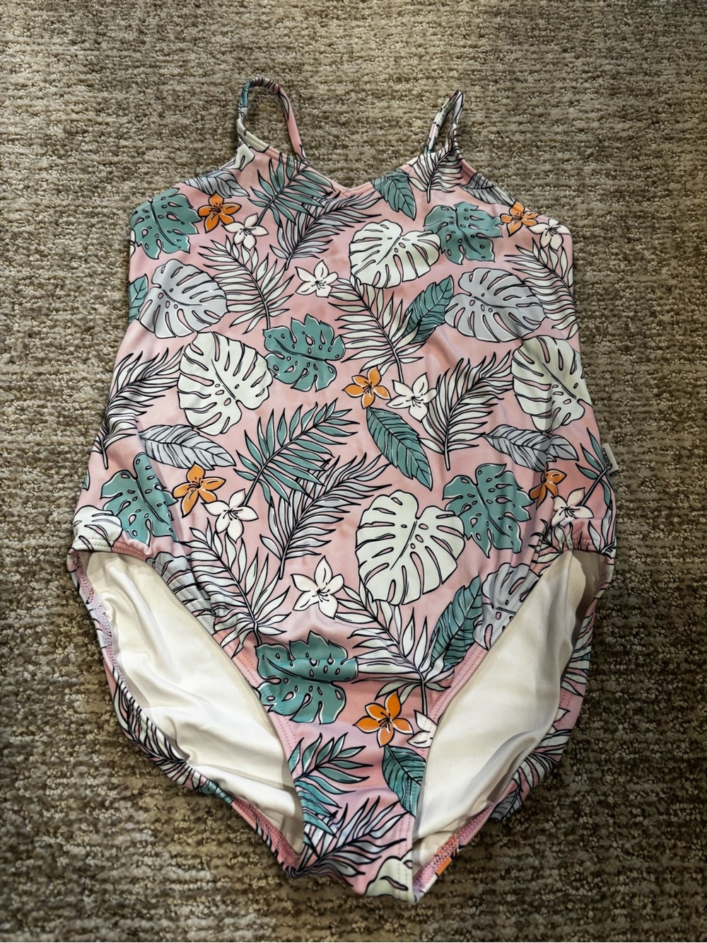 Quince Pink Tropical Leaf One-Piece Swimsuit with Green & Orange Accents